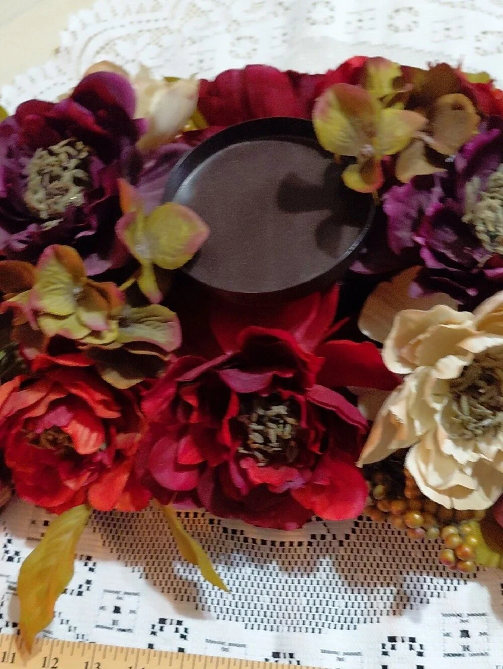 Home Interiors Burgundy, Cream & Gold Faux Floral Candle Centerpiece